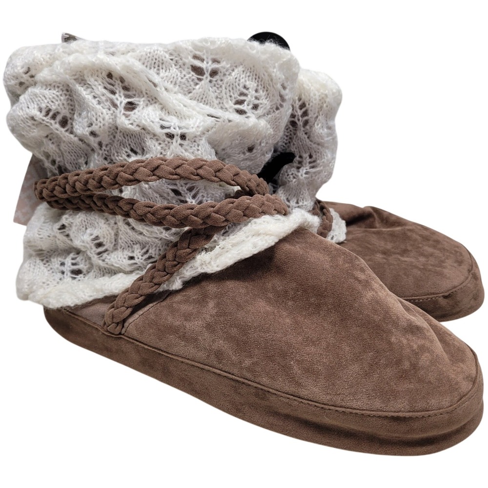 Muk Luks Womens Knit Cuff Cabin Slippers Brown Cozy Indoor Shoes Size Large